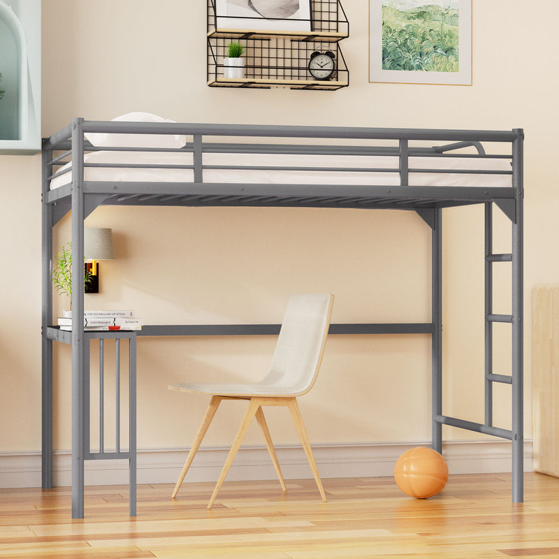 Twin Metal loft Bed with Desk, Ladder and Guardrails, bookdesk under bed, Silver