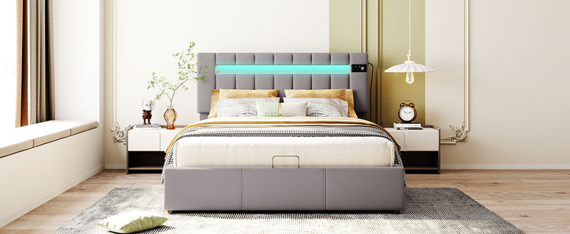 Upholstered Bed Queen Size with LED light, Bluetooth Player and USB Charging, Hydraulic Storage Bed in Gray Velvet Fabric