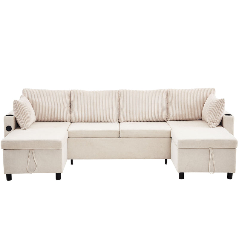 Sectional Sofa Pull Out Sofa Bed Versatile Sofa Sleeper With Large Storage Space, Two USB Ports And Two Cup Holders For Living Room