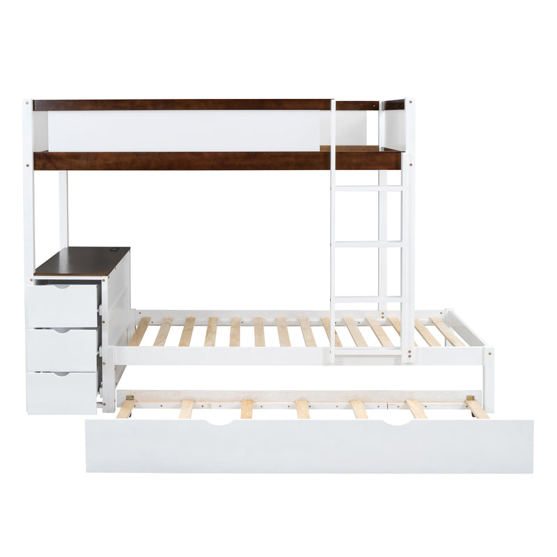 Twin-Over-Twin Bunk Bed with Twin size Trundle, Storage and Desk, White+Walnut