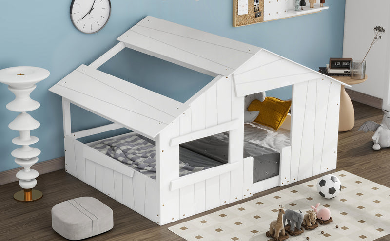 Wood Full Size House Bed with Roof, Window and Guardrail, White