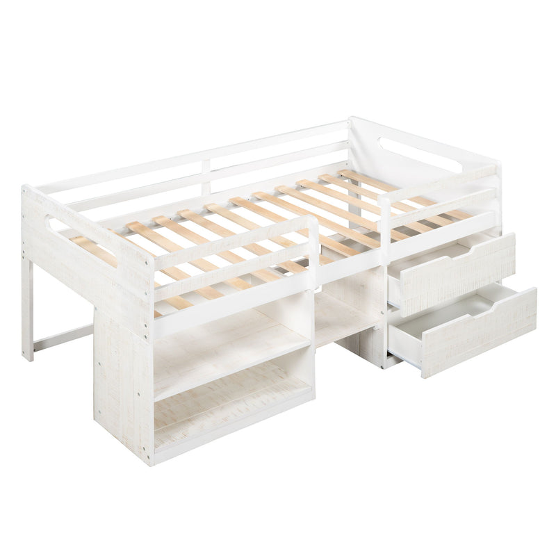 Twin Size Loft Bed With Two Shelves And Two Drawers