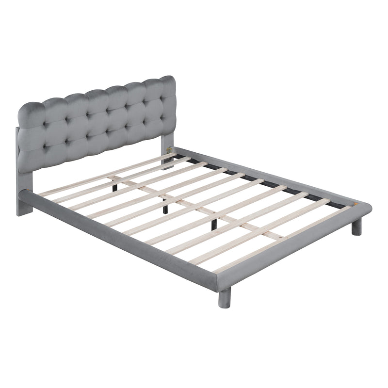 Queen Size Velvet Platform Bed with LED Frame, Thick & Soft Fabric and Button-tufted Design Headboard, Gray