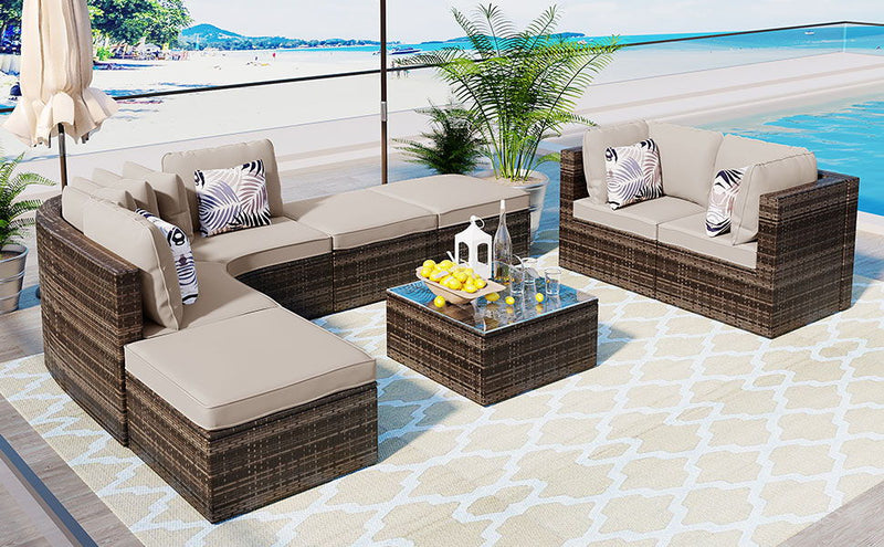 8 Piece Outdoor Wicker Sofa Set, Rattan Sofa Lounger, With Colorful Pillows, Conversation Sofa, For Patio, Garden, Deck - Brown / Beige