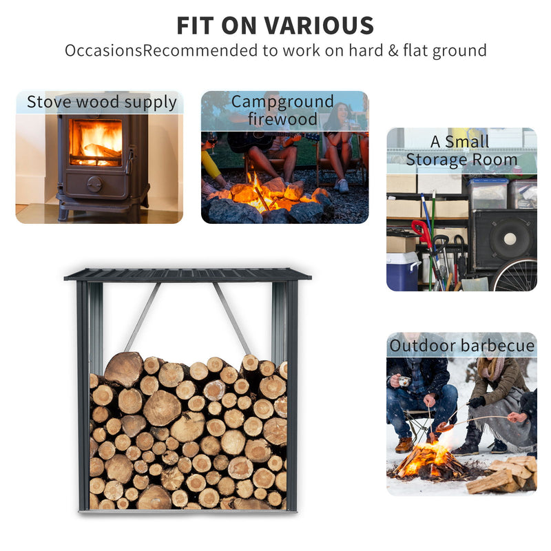 Outdoor Meta Firewood Rack, Open Wood Shed For Firewood, Pellet, Or Lumber Storage - Black