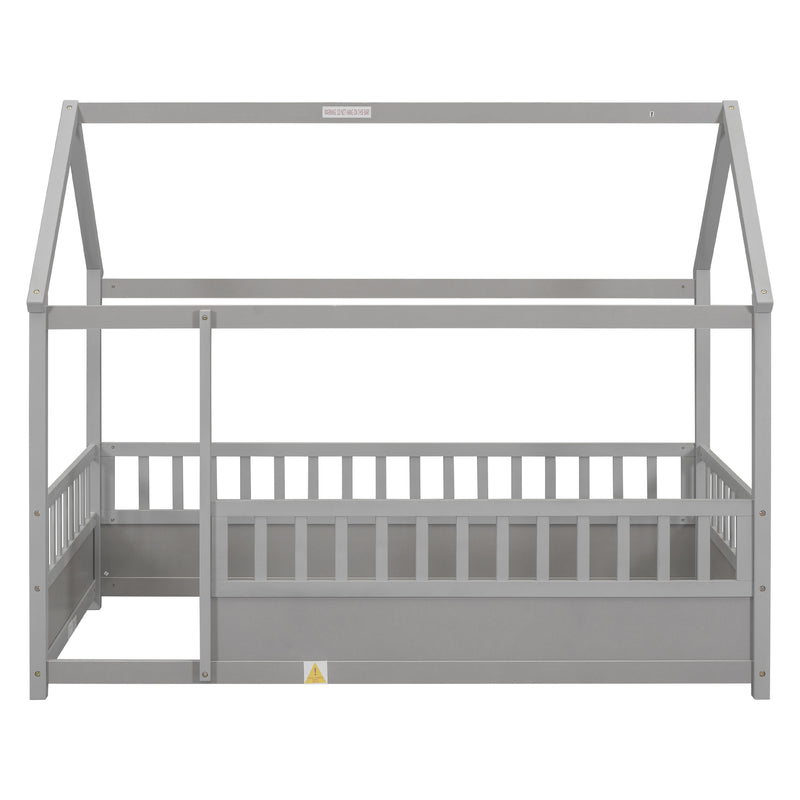 Twin Size Floor Wooden Bed with House Roof Frame, Fence Guardrails,Grey