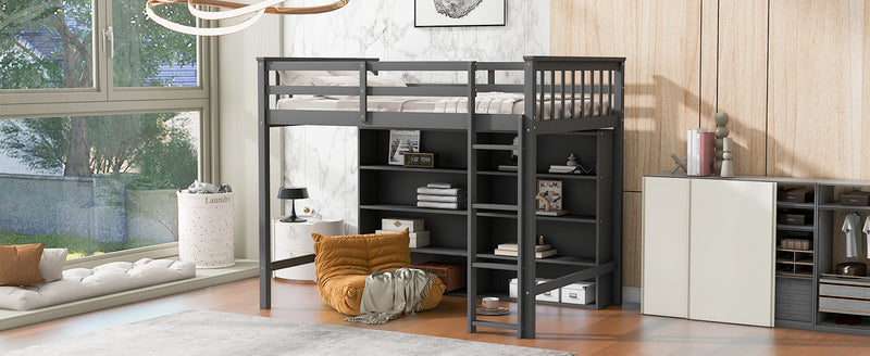 Twin Size Loft Bed with 8 Open Storage Shelves and Built-in Ladder, Gary