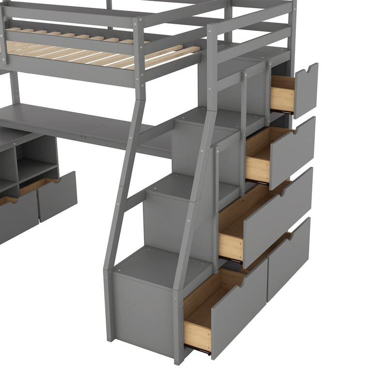 Twin Size Loft Bed with 7 Drawers 2 Shelves and Desk - Gray