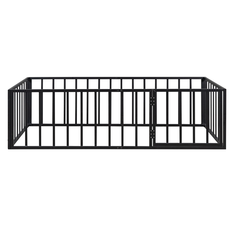 Twin Size Metal Floor Bed Frame with Fence and Door, Black