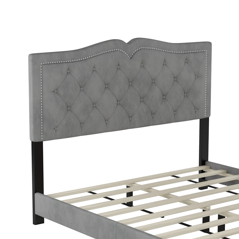 Queen Size Upholstered Bed Frame with Rivet Design, Modern Velvet Platform Bed with Tufted Headboard,Gray