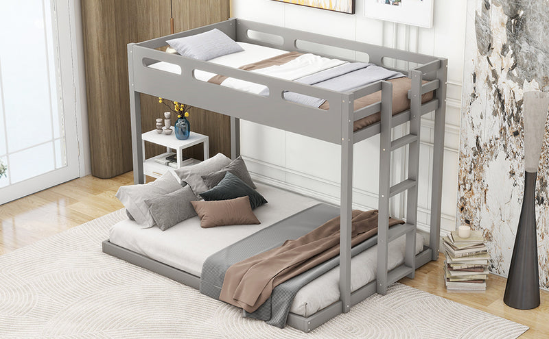 Twin over Full Bunk Bed with Built-in Ladder,Gray