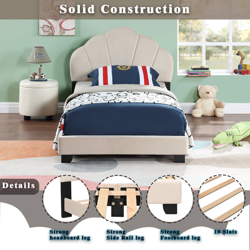 Upholstered Twin Size Platform Bed for Kids, with Slatted Bed Base, No Box Spring Needed, Beige color, Shell Design