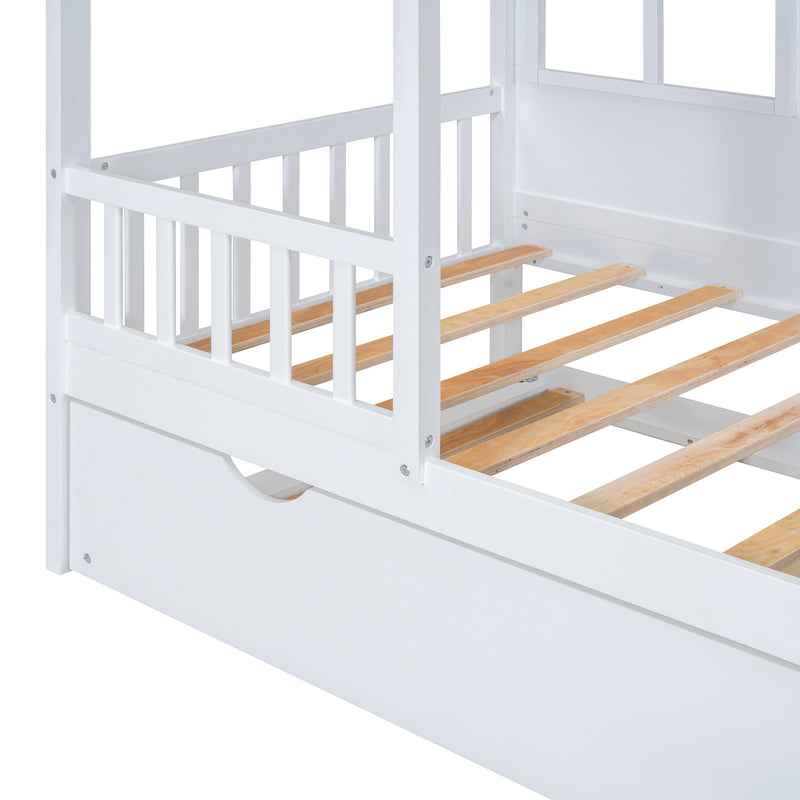 Twin Size Wood House Bed With Twin Size Trundle, Wooden Daybed, White