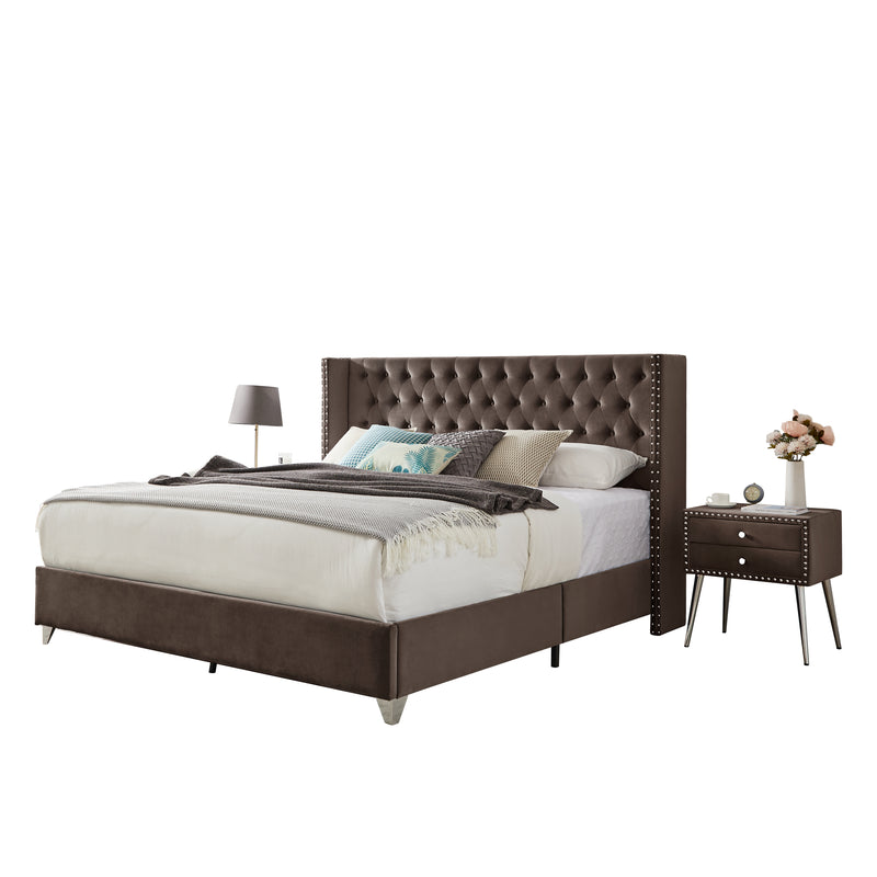 B100S King bed with one nightstand, Button designed Headboard,strong wooden slats + metal legs with Electroplate