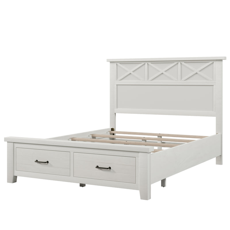 Rustic Farmhouse Style Whitewash Queen Storage Panel Bed with Two Drawers, White(old sku:BS301592AAK)