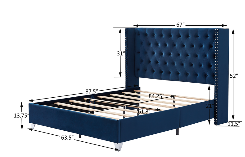 B100S Queen bed, Button designed Headboard,strong wooden slats + metal legs with Electroplate