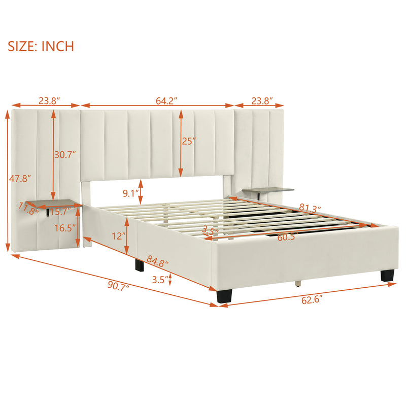 Queen Size Upholstered Platform Bed with Big Headboard, Bedroom Furniture, Velvet, Beige