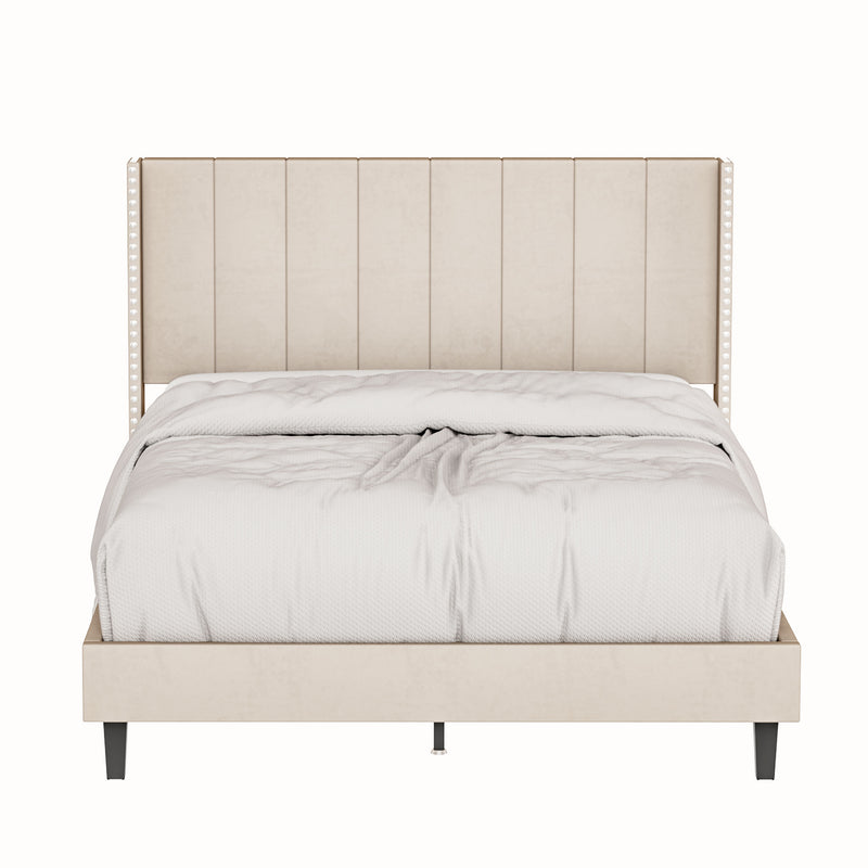 Queen Bed Frame/Velvet Upholstered Bed Frame with Vertical Channel Tufted Headboard Beige