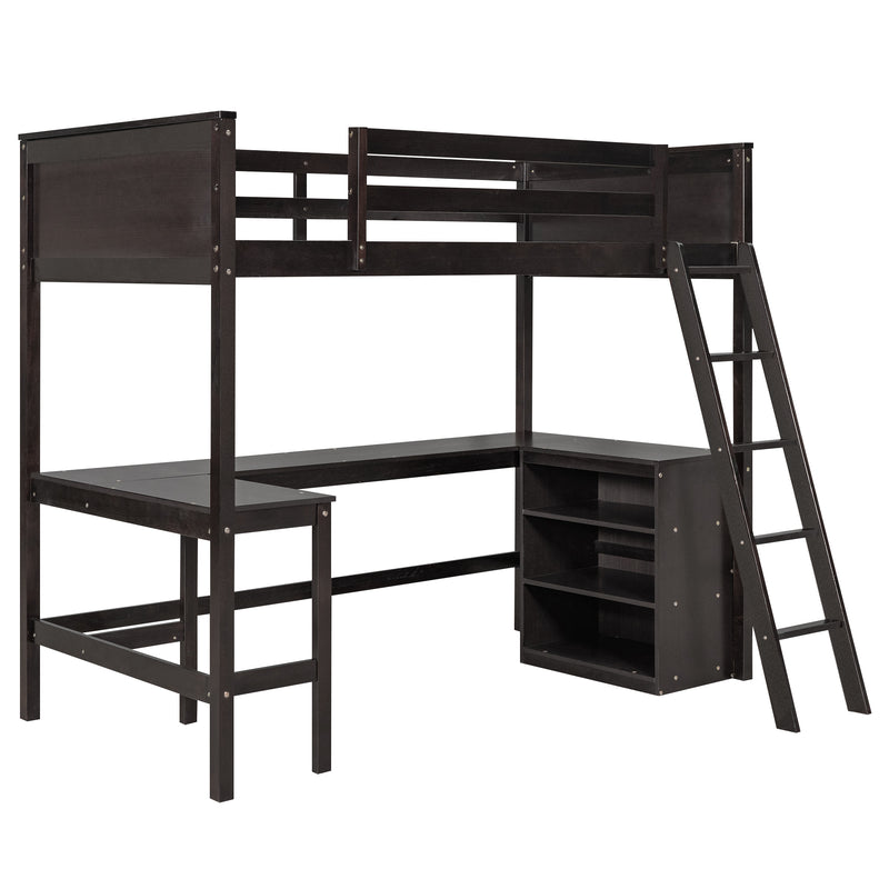 Twin size Loft Bed with Shelves and Desk, Wooden Loft Bed with Desk - Espresso(OLD SKU:LT000537AAP)