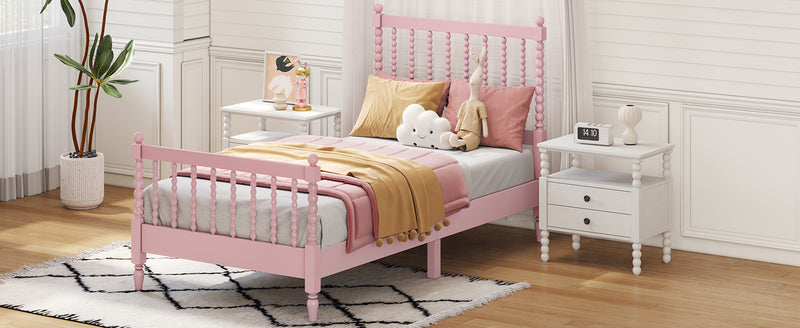 Twin Size Wood Platform Bed with Gourd Shaped Headboard and Footboard, Pink