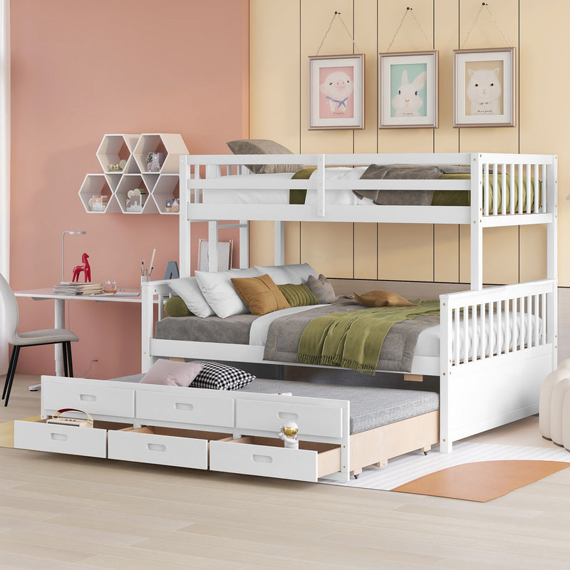 Twin-Over-Full Bunk Bed with Twin size Trundle , Separable Bunk Bed with Drawers for Bedroom - White