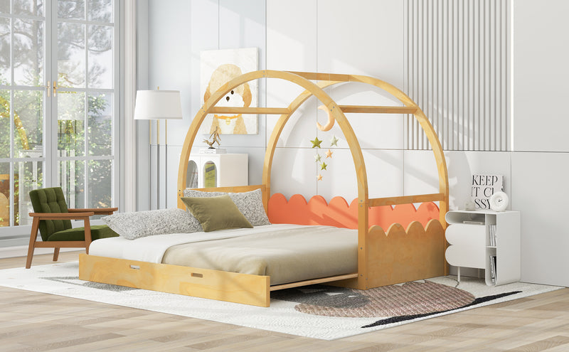 Twin size stretchable vaulted roof bed, children's bed pine wood frame, natural and orange