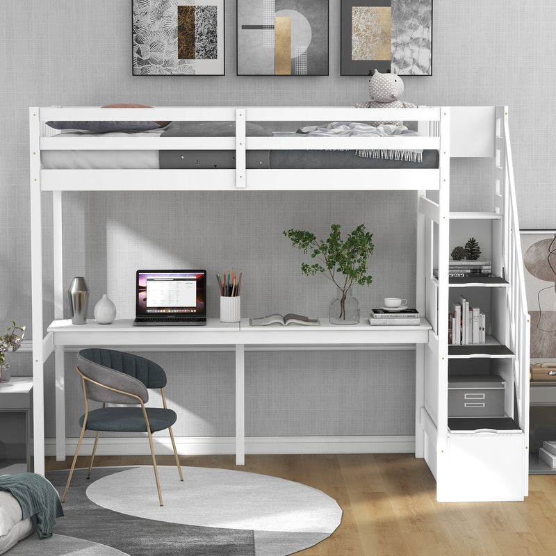 Twin Size Loft Bed with Storage Staircase and Built-in Desk, White (Old SKU:GX000903AAK)