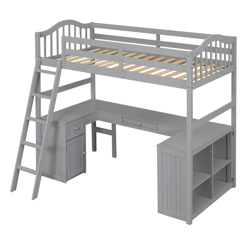 Twin size Loft Bed with Drawers, Cabinet, Shelves and Desk, Wooden Loft Bed with Desk - Gray(OLD SKU :LT000505AAE)