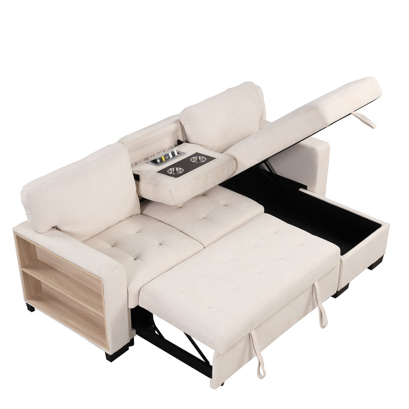 Stylish And Functional Light Chaise Lounge Sectional With Storage Rack Pull-Out Bed Drop Down Table And USB Charger