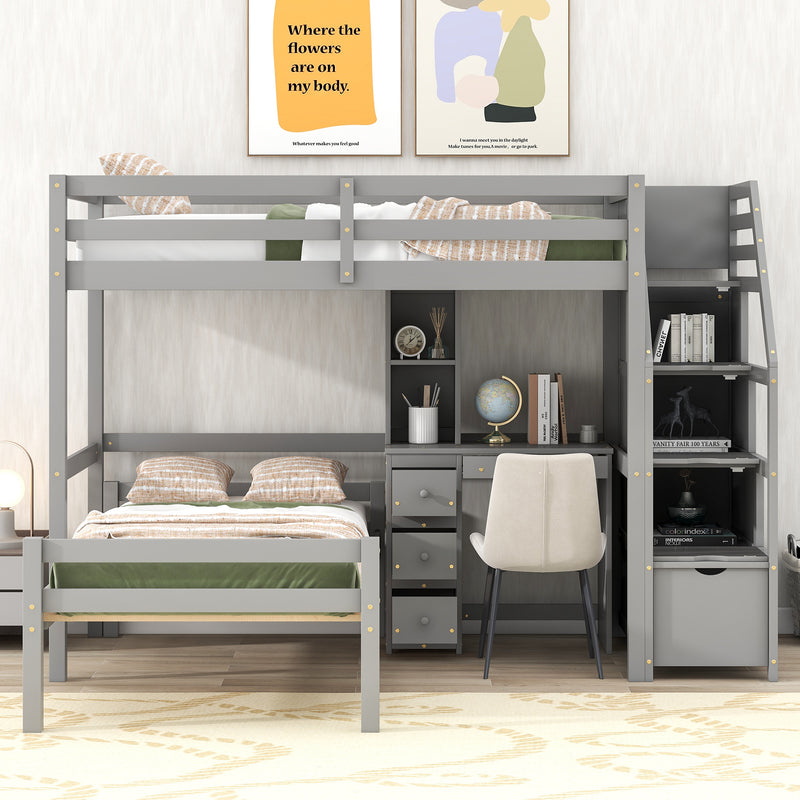 Twin Size Loft Bed with a Stand-alone Bed, Storage Staircase, Desk, Shelves and Drawers, Gray