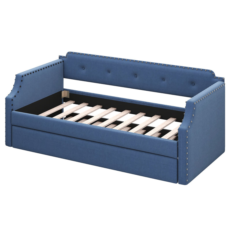 Upholstered Daybed with Trundle, Wood Slat Support,Upholstered Frame Sofa Bed , Twin,Blue