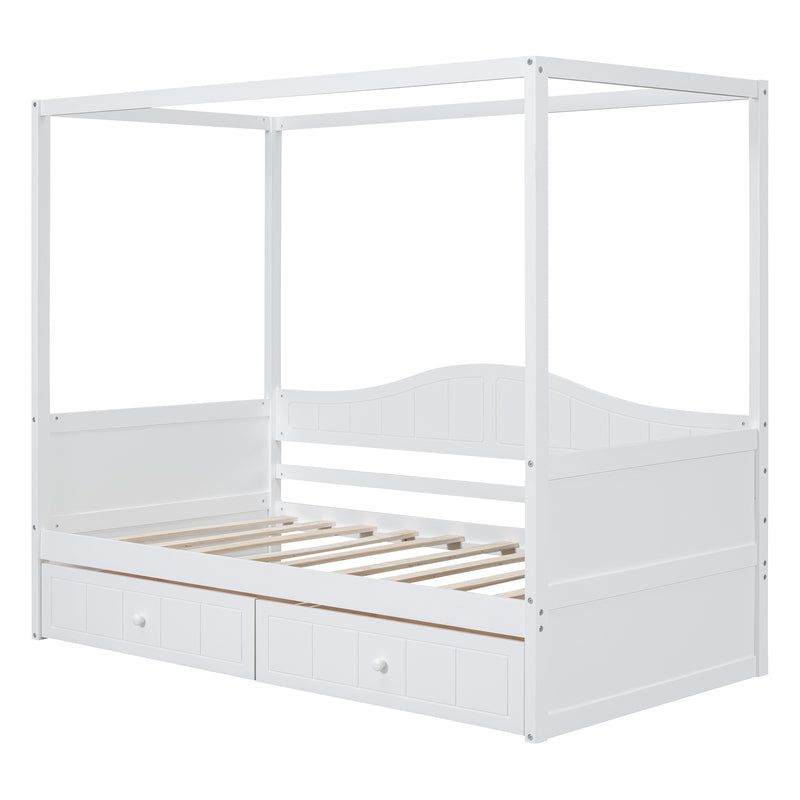 Twin Size Canopy Day Bed with 2 Drawers, White