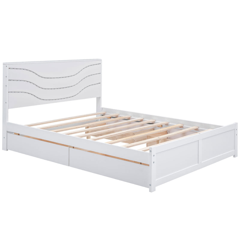 Queen Size Wood Storage Platform Bed with LED and 4 Drawers, White