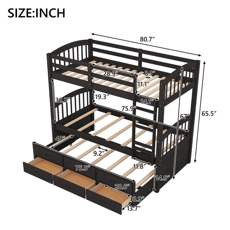 Twin over Twin Wood Bunk Bed with Trundle and Drawers, Espresso