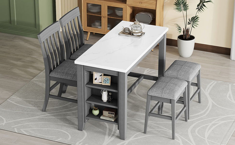 5 Piece Counter Height Dining Table Set With Built-In Storage Shelves - Gray