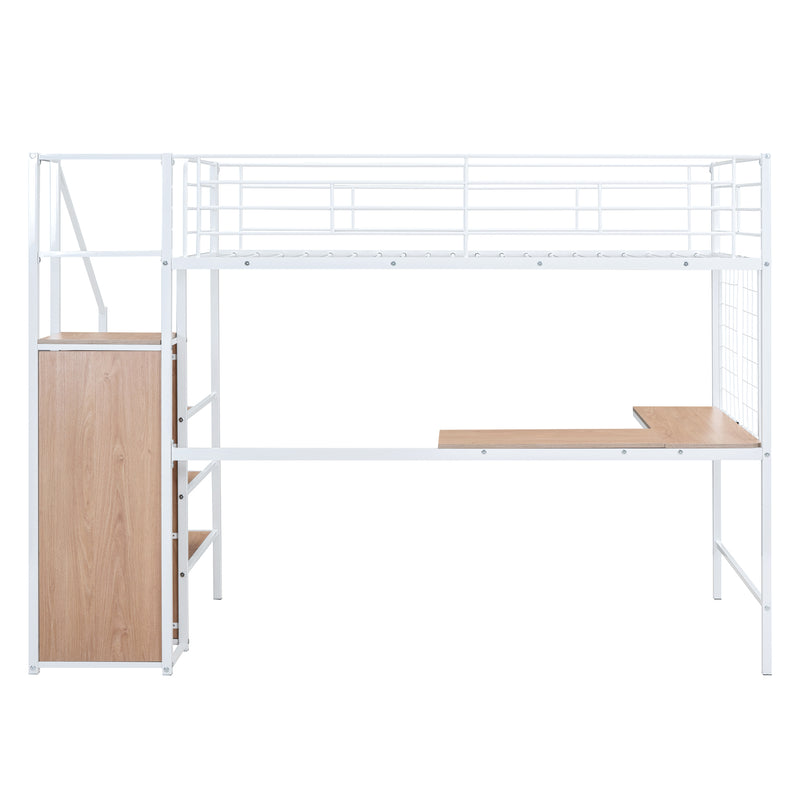 Twin Size Metal Loft Bed with Desk and Metal Grid, Stylish Metal Frame Bed with Lateral Storage Ladder and Wardrobe, White