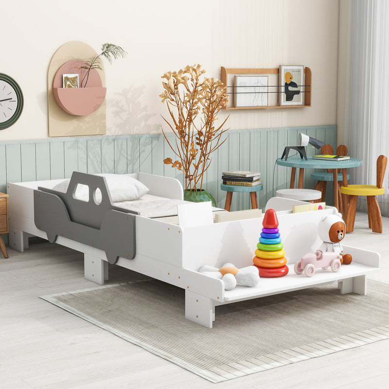 Car-Shaped Twin Wood Bed with Bench,White