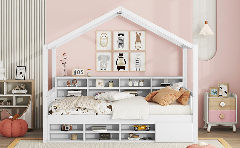 Twin Size Wooden House Bed with Shelves and a Mini-cabinet, White