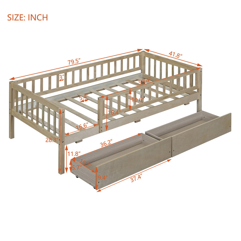 Twin Size Daybed Wood Bed with Two Drawers, Natural