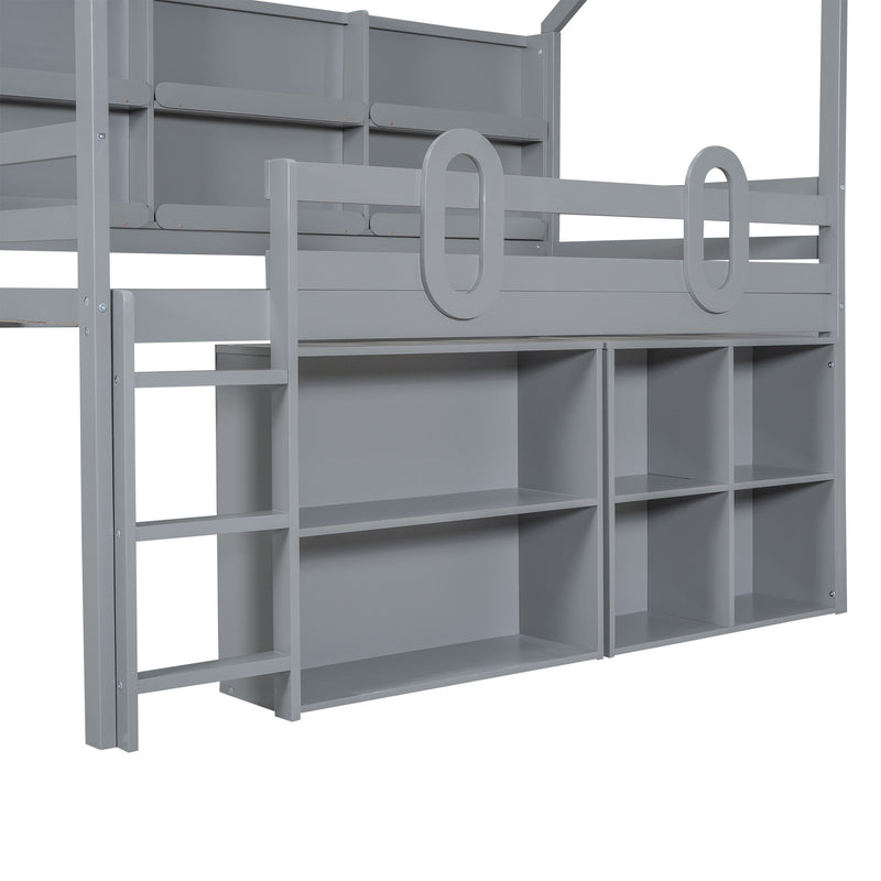 Twin Size House Loft Bed with Multiple Storage Shelves, Grey