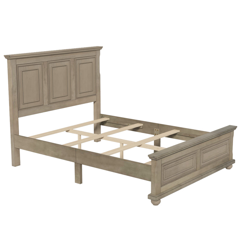 Traditional Town and Country Style Pinewood Vintage Queen Bed, Stone