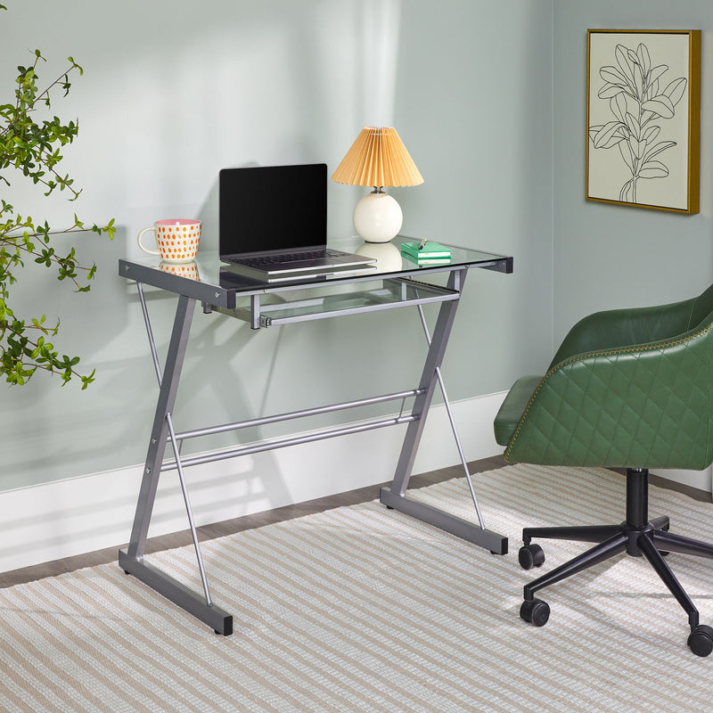 Modern Metal And Glass Computer Desk With Keyboard Tray - Silver