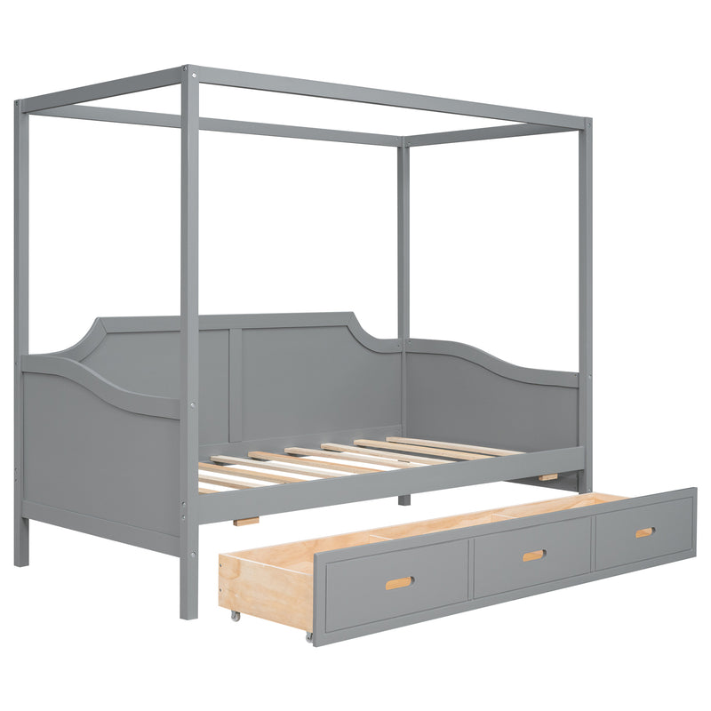 Twin Size Wooden Canopy Daybed with 3 in 1 Storage Drawers,Grey