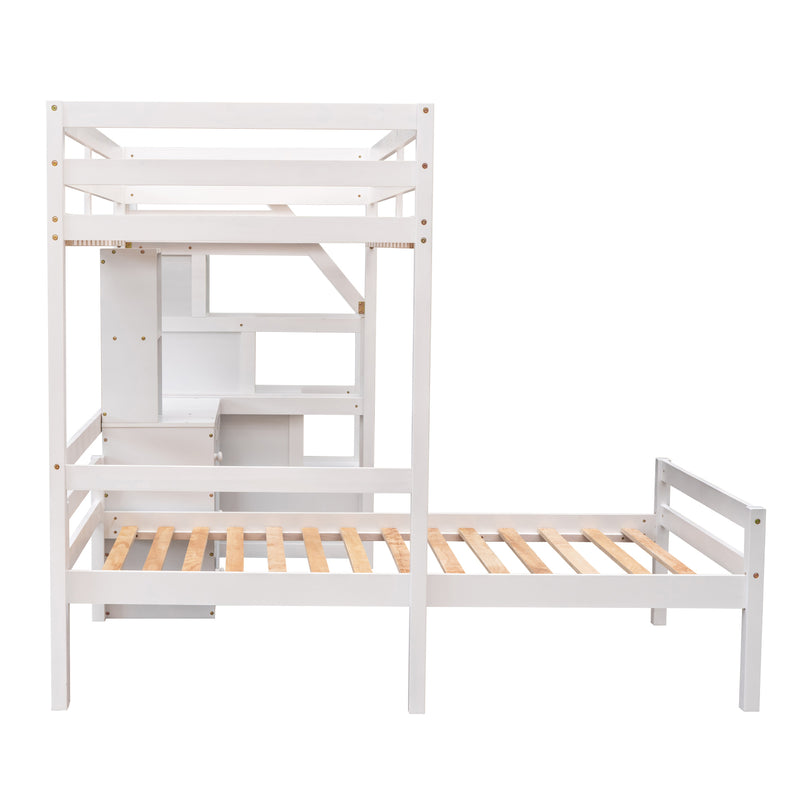 Twin Size Loft Bed with a Stand-alone Bed, Storage Staircase, Desk, Shelves and Drawers, White