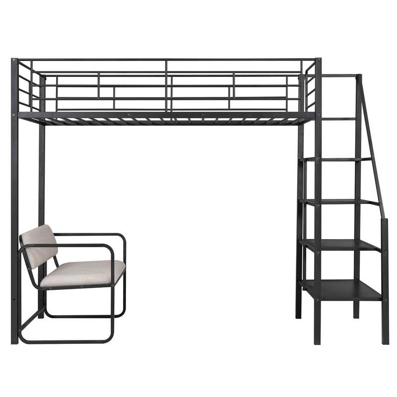 Twin Size Metal Loft Bed with Bench and Storage Staircase, Black