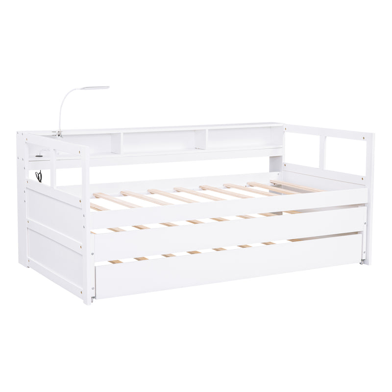 Twin XL Wood Daybed with 2 Trundles, 3 Storage Cubbies, 1 Light for Free and USB Charging Design, White