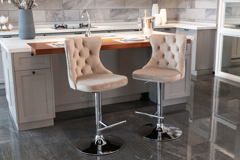 Swivel Velvet Barstools Adjusatble Seat Height From 25-33", Modern Upholstered Chrome Base Bar Stools With Backs Comfortable Tufted For Home Pub And Kitchen Island (Set of 2)