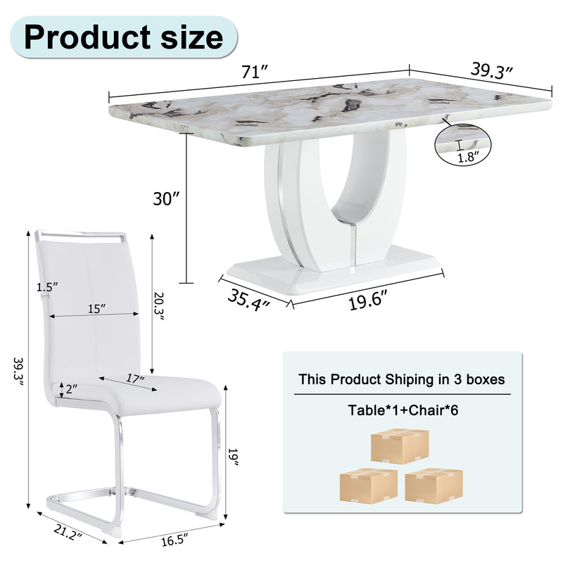 Table and chair set, modern minimalism and luxurious white rectangular pattern dining table.  Soft and comfortable dining chair, for dining room, living room, terrace and kitchen.