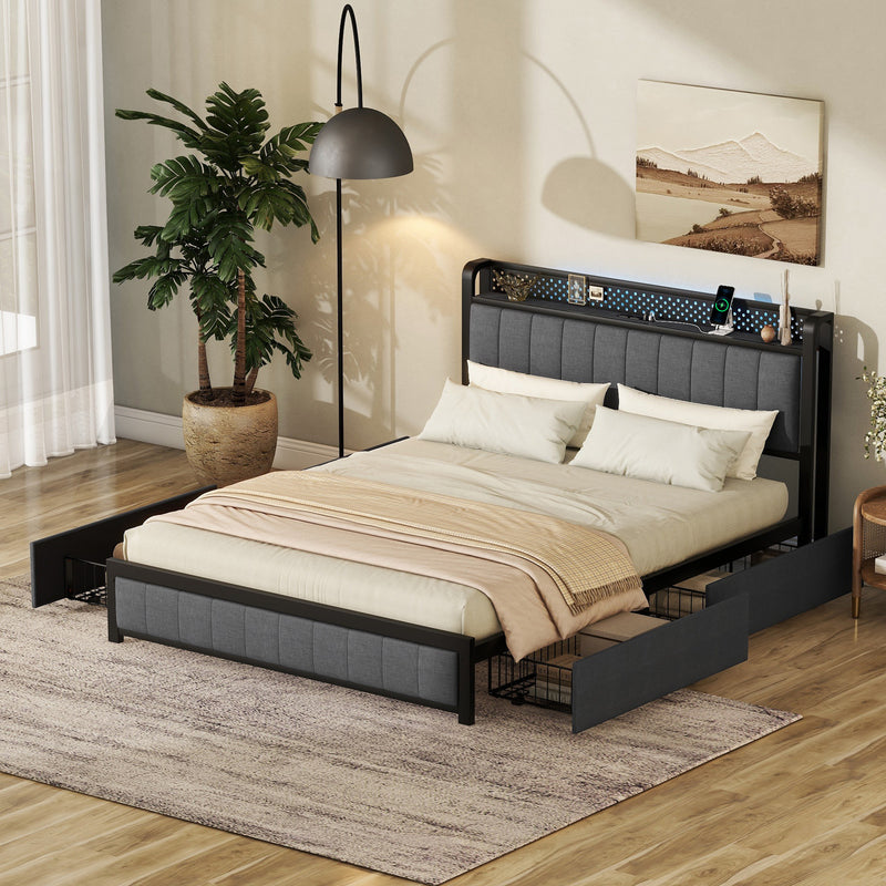 Queen Bed Frame with LED Headboard, Upholstered Bed with 4 Storage Drawers and USB Ports, Dark Grey