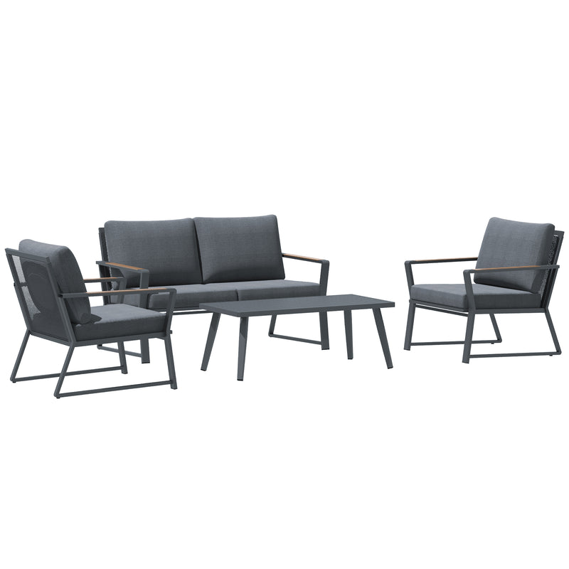 4 Piece Patio Furniture Set, Aluminum Conversation Set, Outdoor Garden Sofa Set with Armchairs, Loveseat, Center Coffee Table and Cushions, Dark Grey